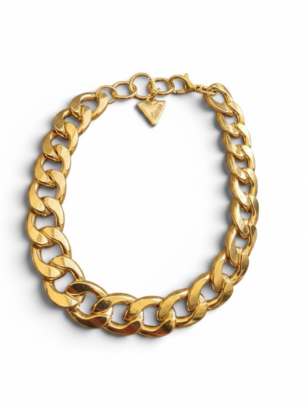Guess Gold Tone Chunky Curb Chain Link Bracelet Triangle Logo Charm